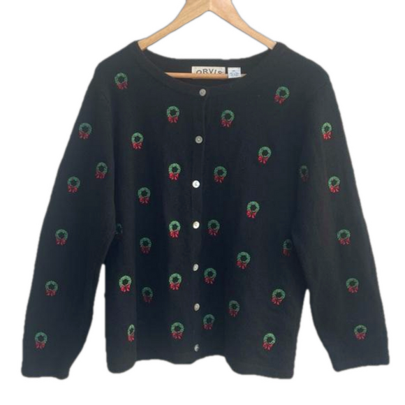 Vintage Orvis Women's Black Wool Christmas Wreath Cardigan Sweater XL - Picture 1 of 7